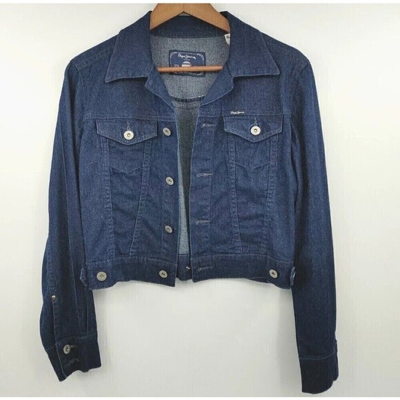 Vtg Pepe Jeans London Jacket Womens Medium Blue Metallic Cropped Sparkle Y2K - Picture 1 of 12